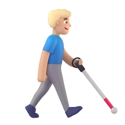 Man with white cane facing right: medium-light skin tone animated emoji