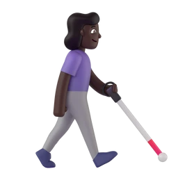 Woman with white cane facing right: dark skin tone animated emoji