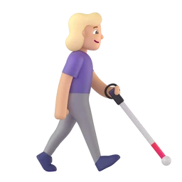 Woman with white cane facing right: medium-light skin tone animated emoji