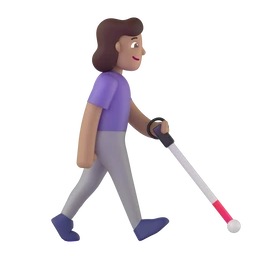 Woman with white cane facing right: medium skin tone animated emoji